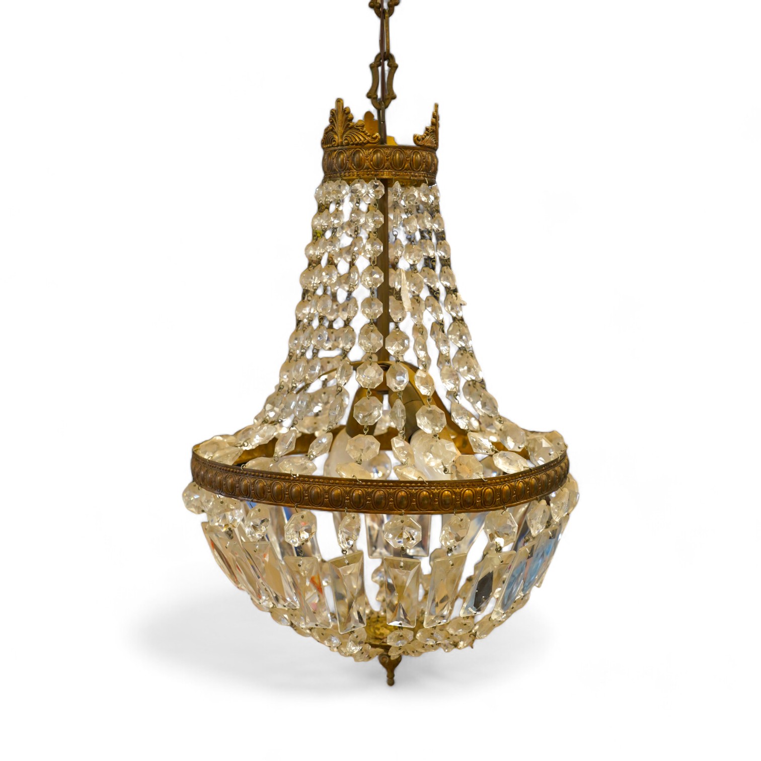 A gilt metal and lustre glass bag chandelier. Condition - fair